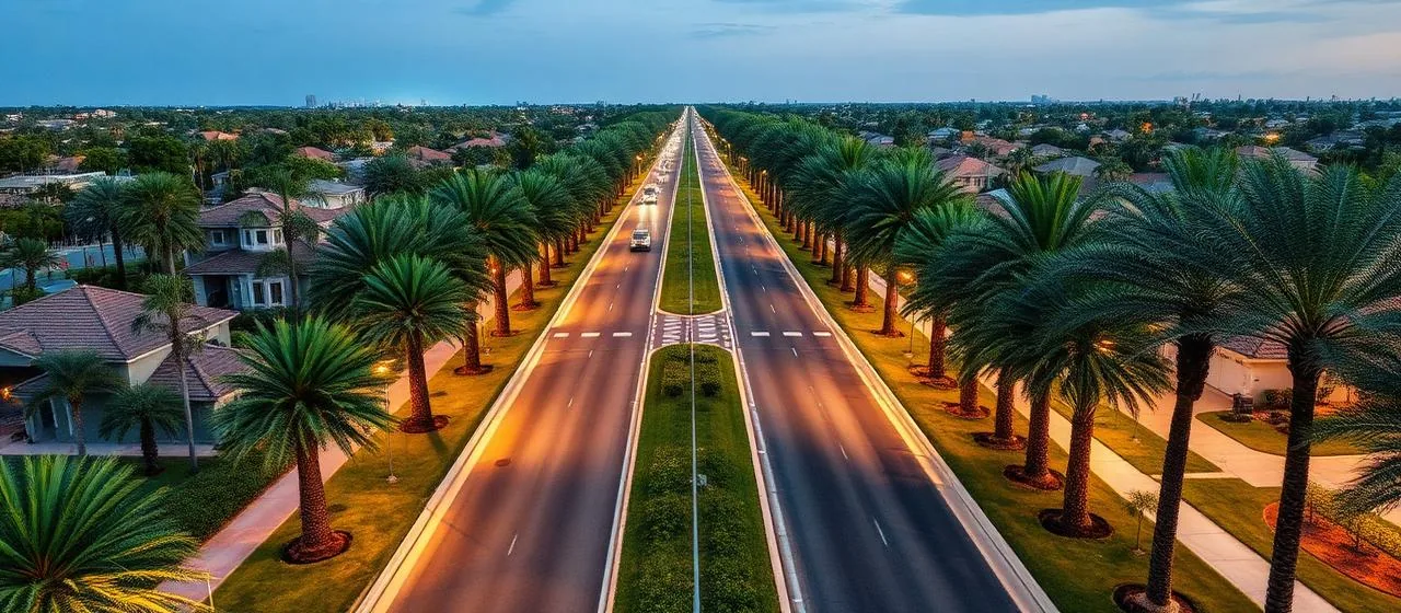 Palm-lined boulevard running through the community