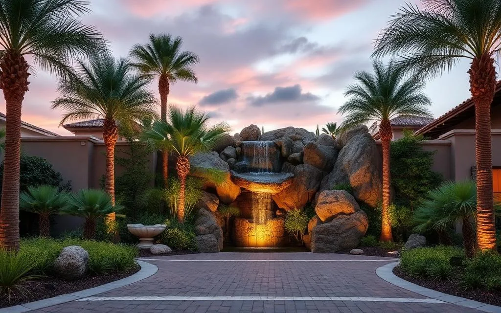 Landscaped arrival plaza with water feature and tropical planting