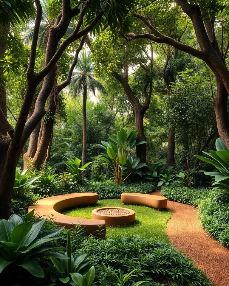 Layered tropical planting with organic seating in a shaded urban forest