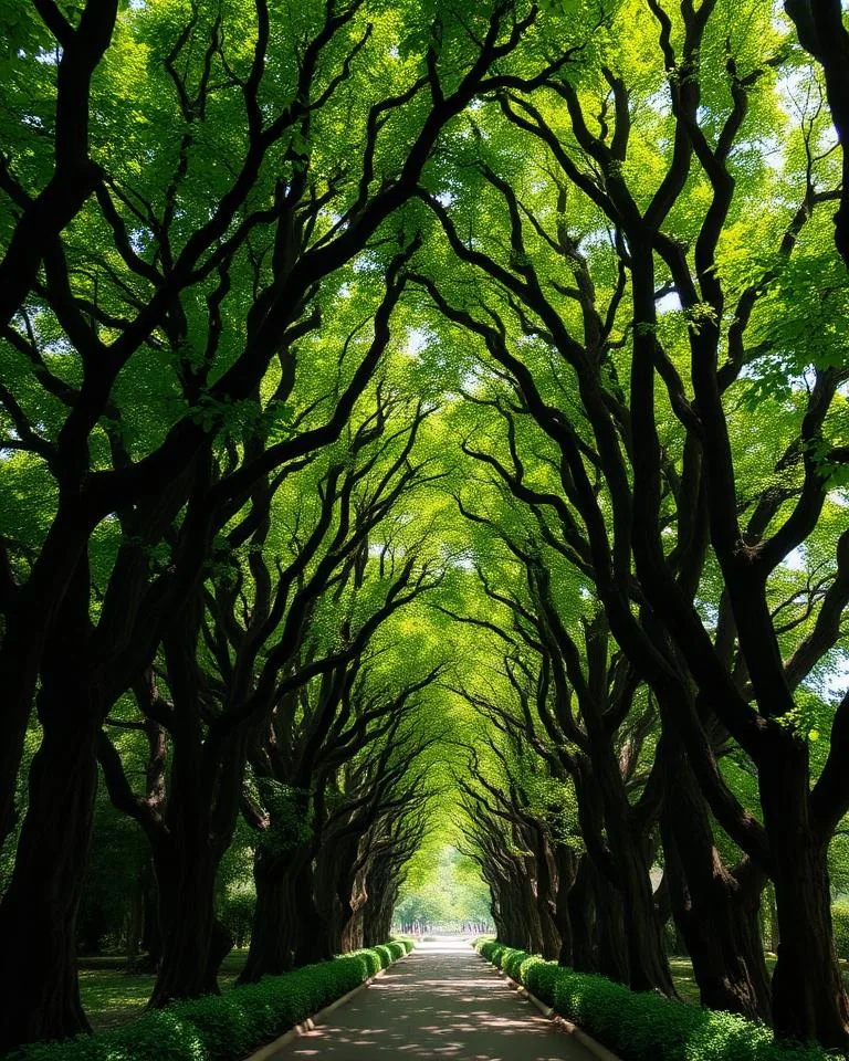 Shaded tree tunnel corridor with towering canopy
