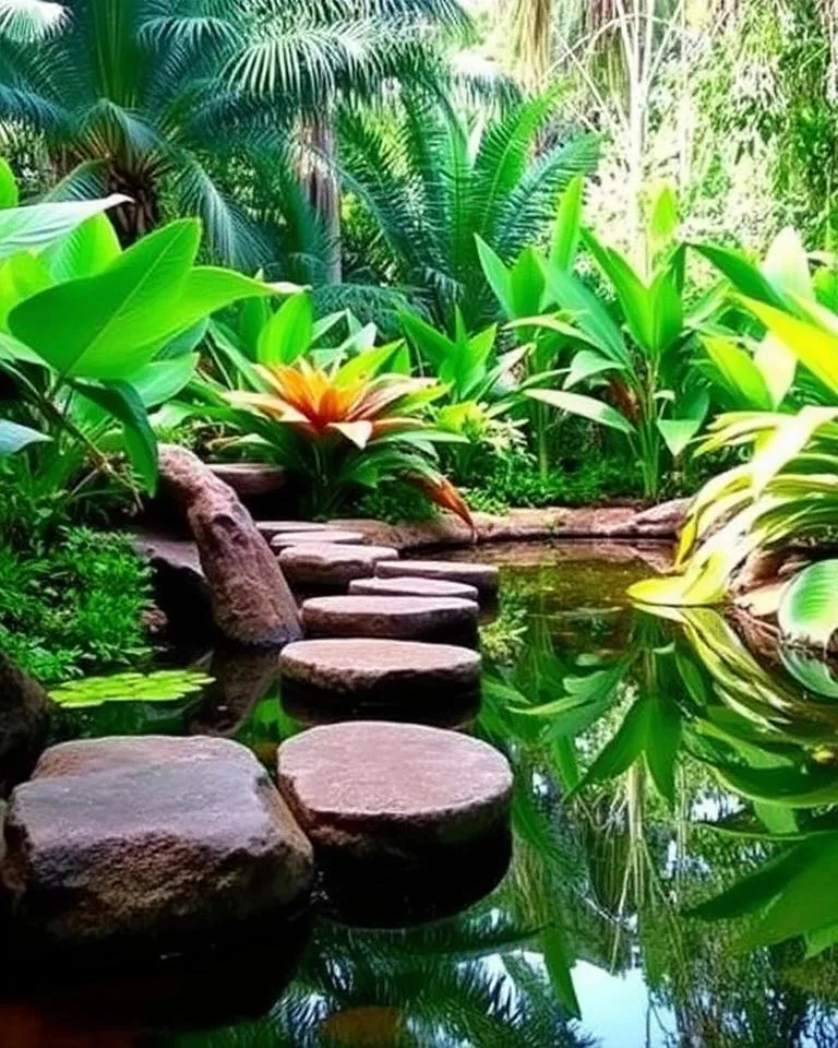 Stepping stones across a reflective tropical water garden